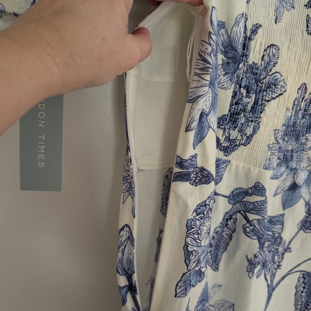 Floral Blue and White Women's Smocked Dress 14 - Picture 11 of 12